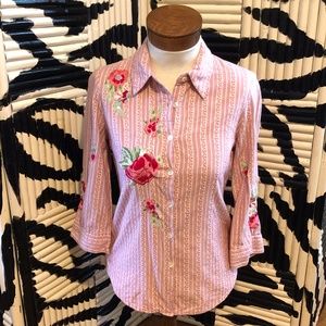 Embroidered Floral Shirt Pink Green Roses XS